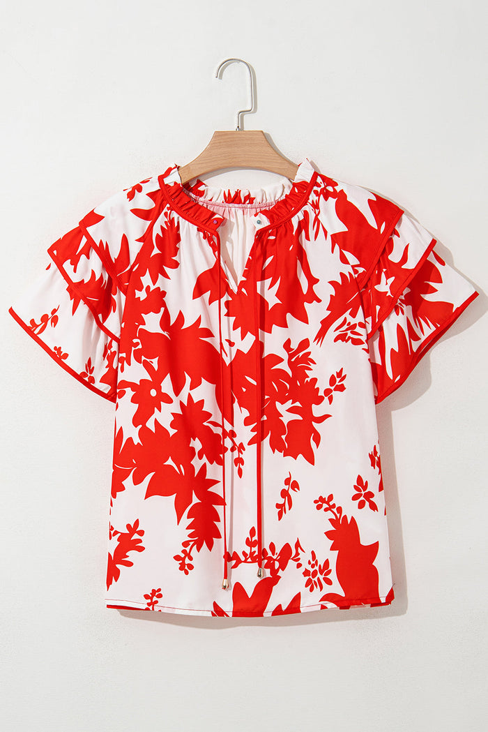 Red Plant Print Tiered Ruffled Sleeve V Neck Blouse - Tops/Blouses & Shirts
