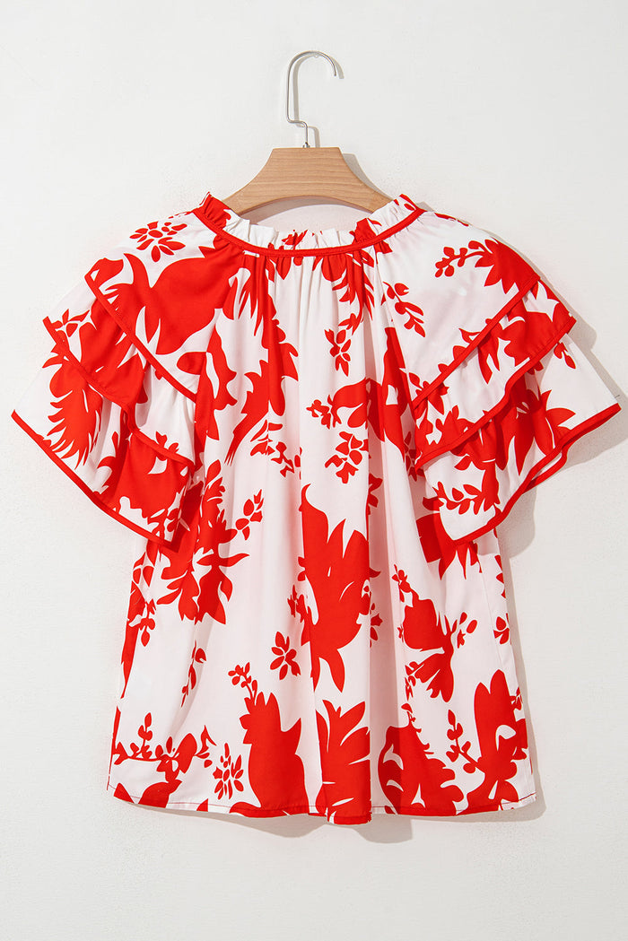 Red Plant Print Tiered Ruffled Sleeve V Neck Blouse - Tops/Blouses & Shirts