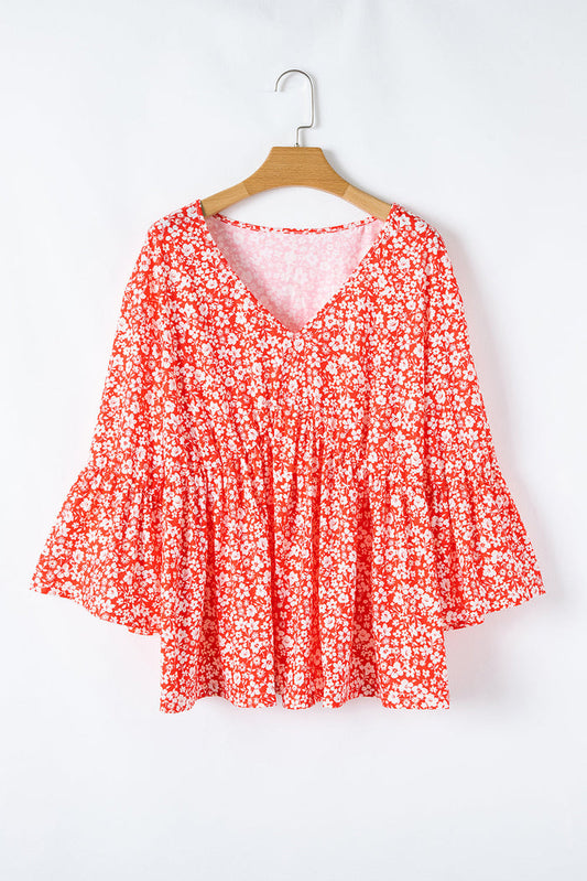 Red Plus Size Floral V Neck Flared Bracelet Sleeve Blouse - RED / 1X / 95% POLYESTER + 5% ELASTANE - Size/Plus
