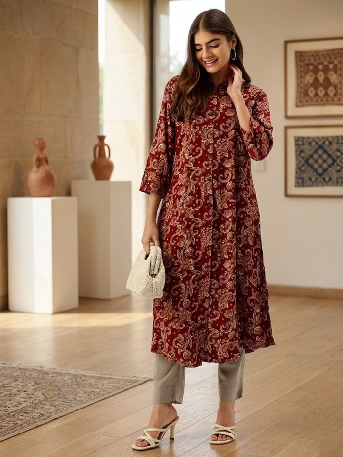 Red With Beige Printed A - Line Kurta