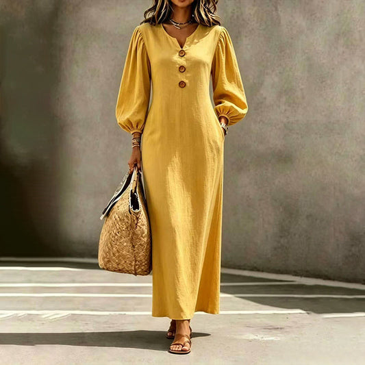 Réjane - Robe maxi femme à col V et manches bouffantes