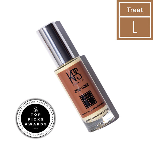 A bottle of Renū Lumin | Kindness Powered Skincare with a silver cap, featuring a label marked "Treat L" and accompanied by a 2023 Skincare Anarchy Top Picks Awards seal.