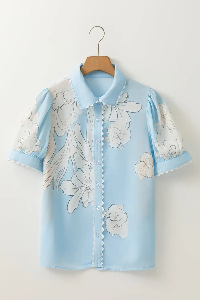 Ric Rac Edge Puff Sleeve Button Up Summer Shirt - Tops/Blouses & Shirts