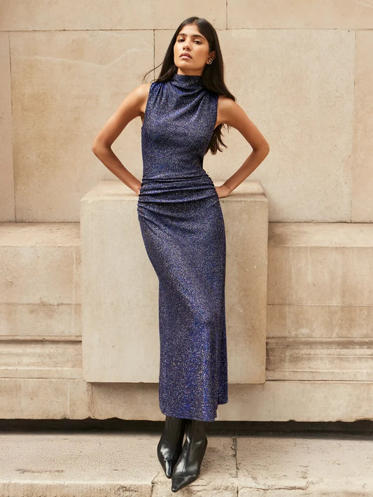 Robyn Blue Sparkle Cowl Neck Dress