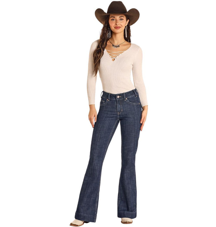 Rock & Roll Denim Women's Diamond Belt Loop Mid Rise Dark Wash Trouser
