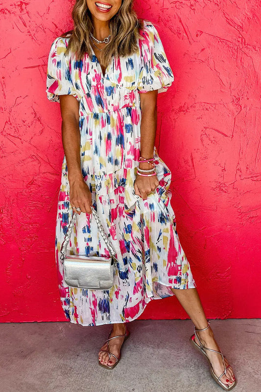 Rose Abstract Print Short Puff Sleeve Tiered Maxi Dress - S / 100% Polyester - Dresses/Maxi Dresses
