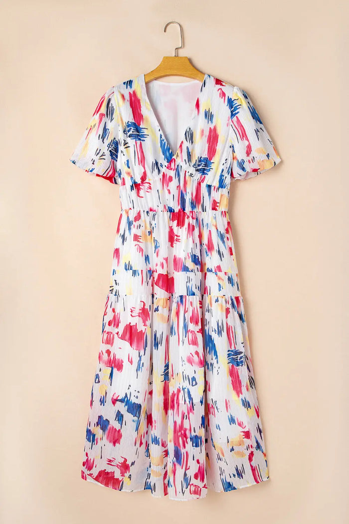 Rose Abstract Print Short Puff Sleeve Tiered Maxi Dress - Dresses/Maxi Dresses