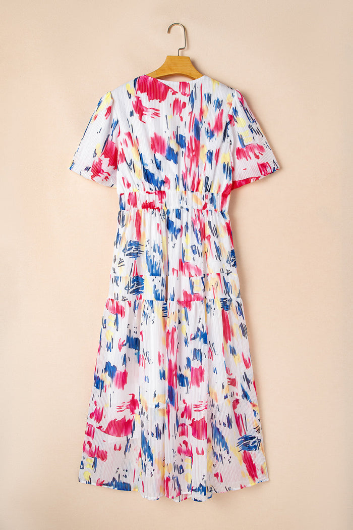 Rose Abstract Print Short Puff Sleeve Tiered Maxi Dress - Dresses/Maxi Dresses