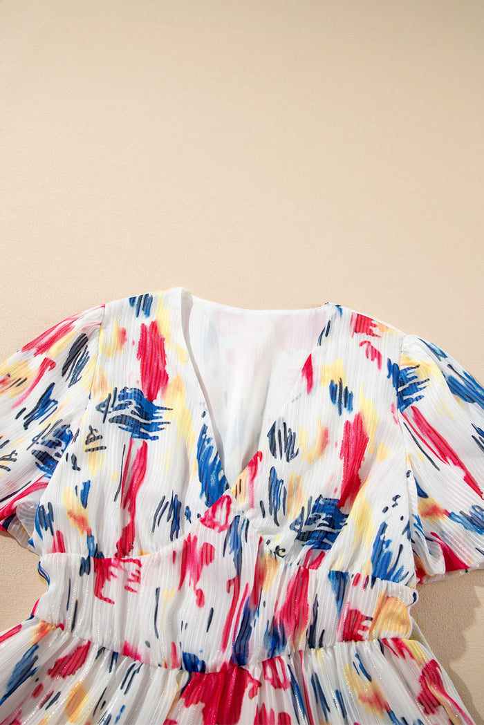 Rose Abstract Print Short Puff Sleeve Tiered Maxi Dress - Dresses/Maxi Dresses