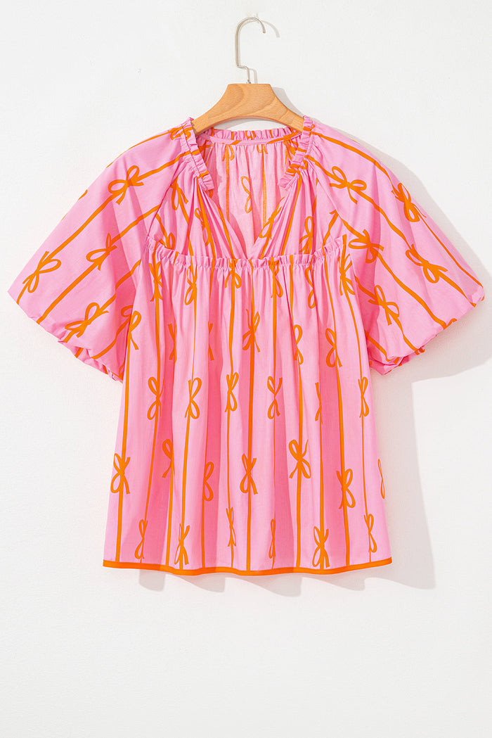 Rose Bowknot Print Shirred V Neck Puff Sleeve Plus Size Blouse - ROSE / 1X / 100% COTTON - Size/Plus Tops/Plus Blouses