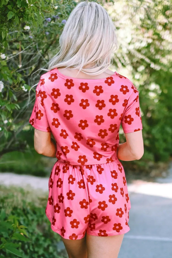 Rose Floral Print Crop Tee and Shorts Lounge Set - Loungewear & Sleepwear/Loungewear