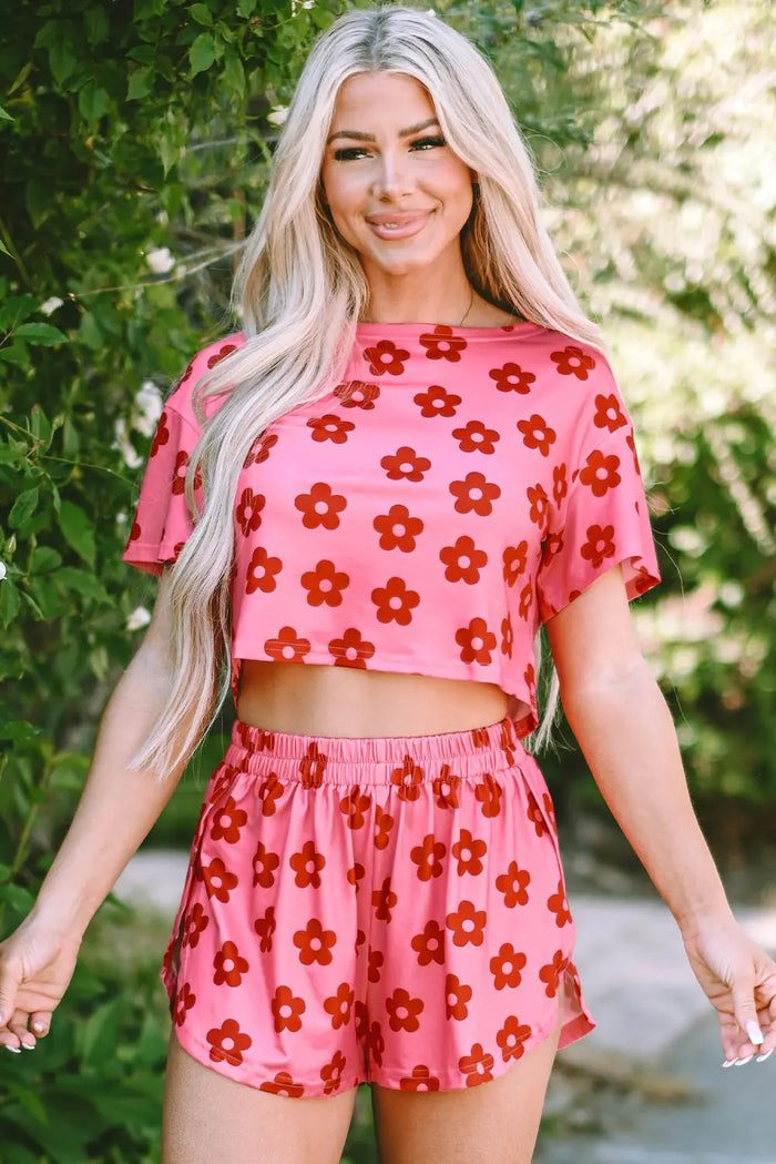 Rose Floral Print Crop Tee and Shorts Lounge Set - Loungewear & Sleepwear/Loungewear