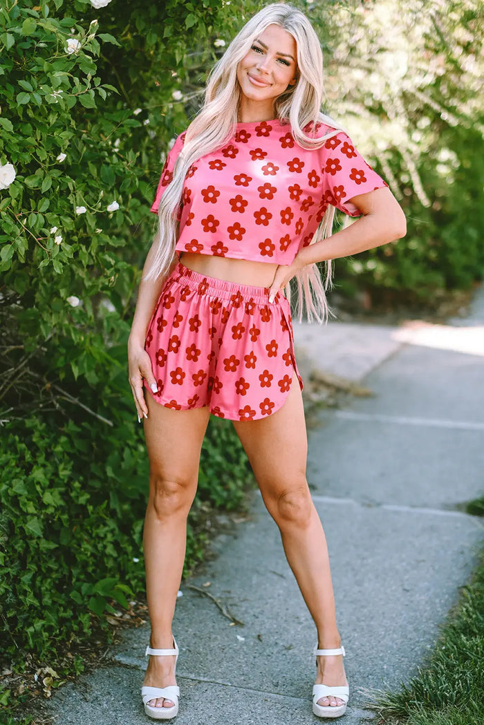 Rose Floral Print Crop Tee and Shorts Lounge Set - Loungewear & Sleepwear/Loungewear