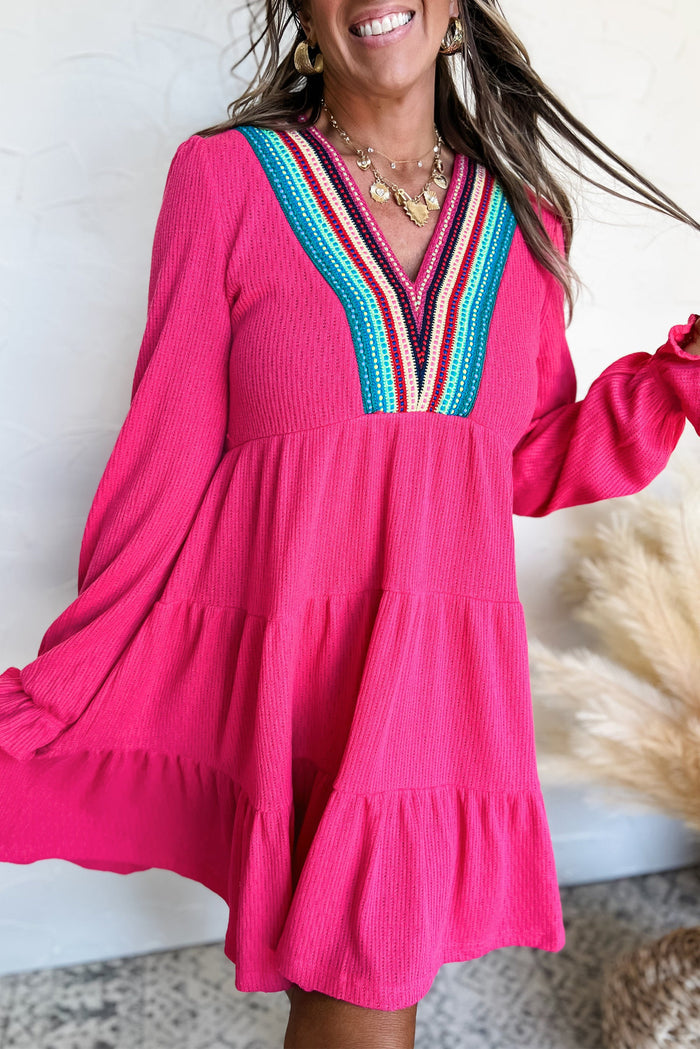 Rose Red Colourful Crochet V Neck Textured Tiered Ruffled Long Sleeve Mini Dress - ROSE RED / S / 95% POLYESTER + 5%