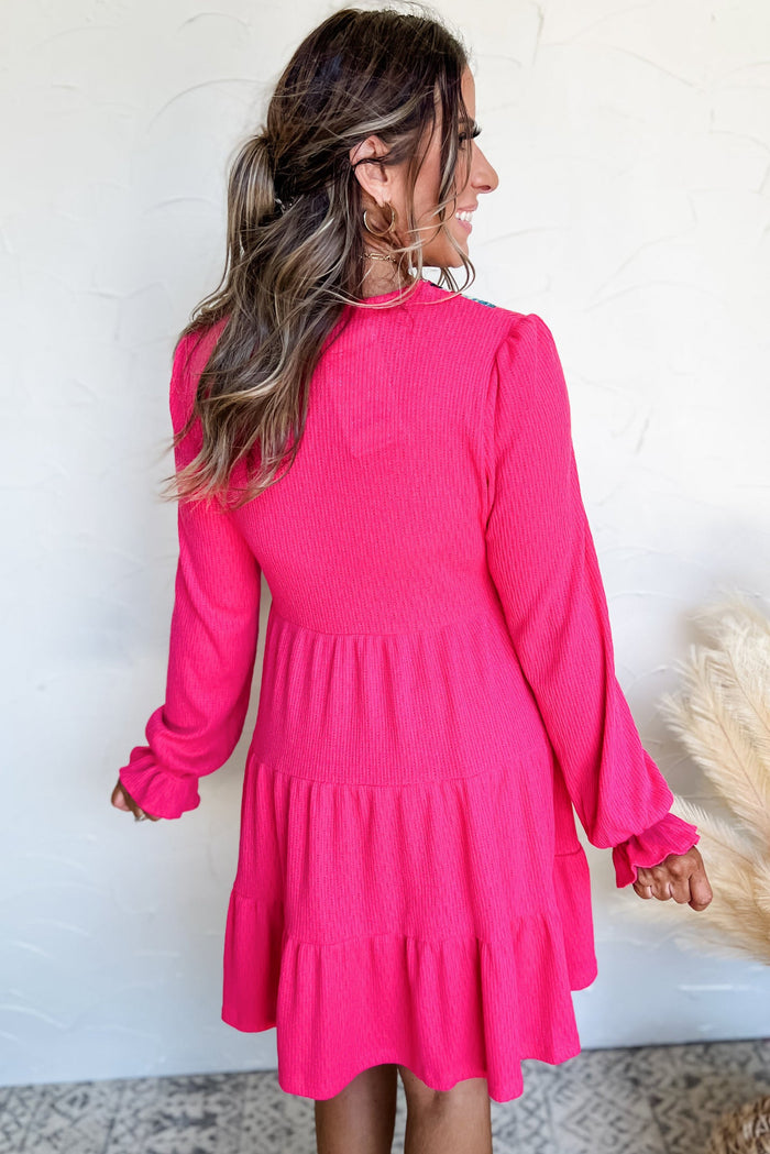 Rose Red Colourful Crochet V Neck Textured Tiered Ruffled Long Sleeve Mini Dress - Dresses/Mini Dresses