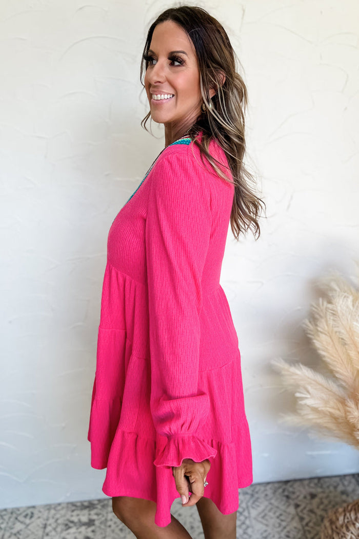 Rose Red Colourful Crochet V Neck Textured Tiered Ruffled Long Sleeve Mini Dress - Dresses/Mini Dresses