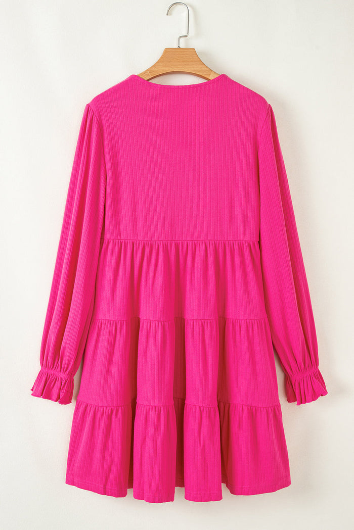 Rose Red Colourful Crochet V Neck Textured Tiered Ruffled Long Sleeve Mini Dress - Dresses/Mini Dresses