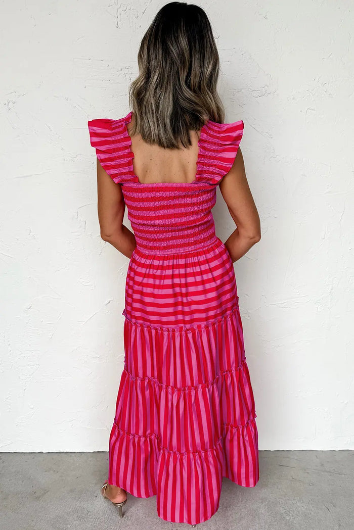 Rose Stripe Flutter Sleeve Smocked Bodice Tiered Maxi Dress - Dresses/Maxi Dresses