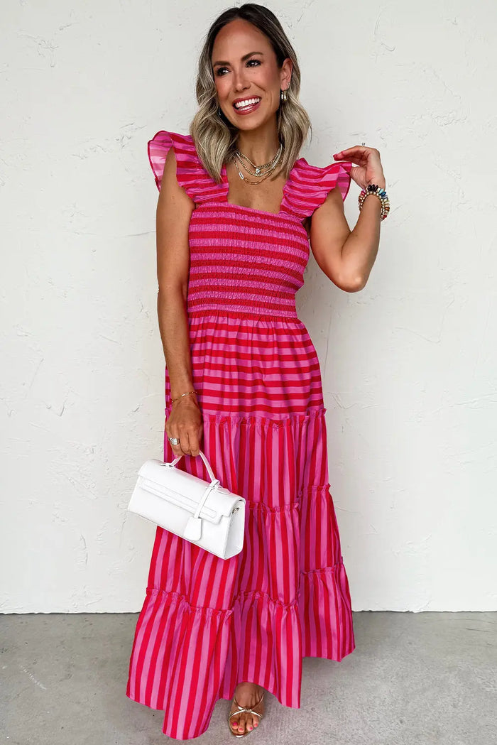 Rose Stripe Flutter Sleeve Smocked Bodice Tiered Maxi Dress - Dresses/Maxi Dresses