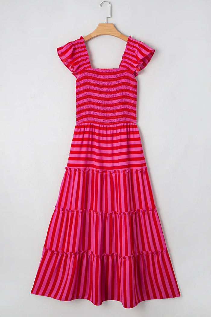 Rose Stripe Flutter Sleeve Smocked Bodice Tiered Maxi Dress - Dresses/Maxi Dresses