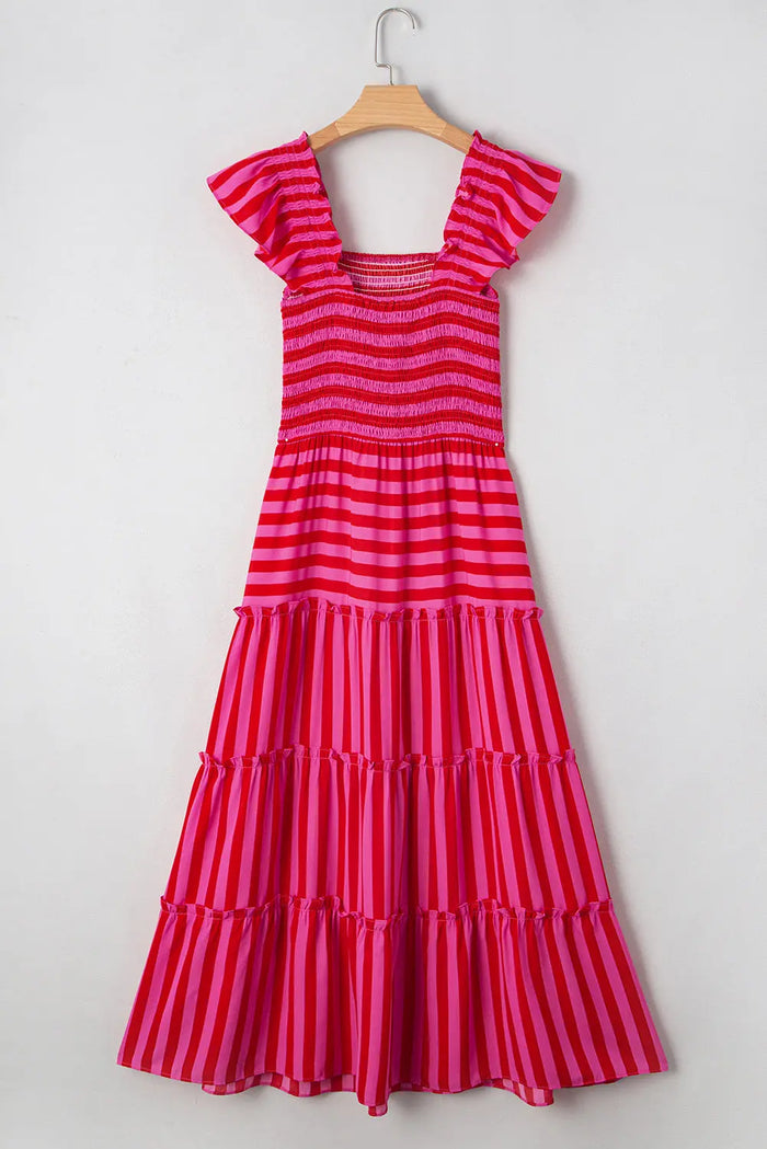 Rose Stripe Flutter Sleeve Smocked Bodice Tiered Maxi Dress - Dresses/Maxi Dresses
