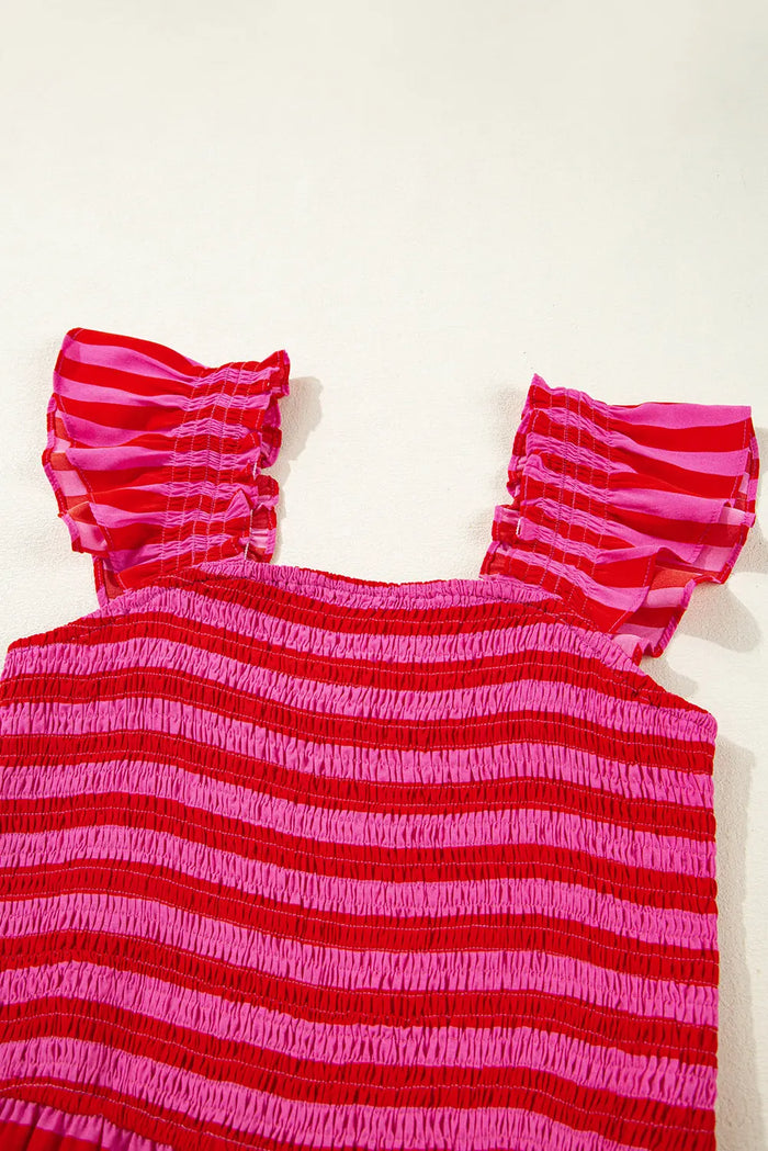 Rose Stripe Flutter Sleeve Smocked Bodice Tiered Maxi Dress - Dresses/Maxi Dresses