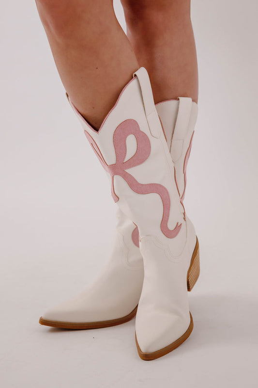White Western Boots with Pink Bows- White Cowboy Boots with Pink Bow- Miim Bowie Boots