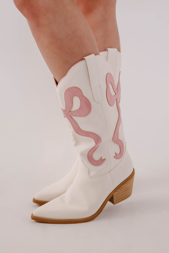 White Western Boots with Pink Bows- White Cowboy Boots with Pink Bow- Miim Bowie Boots