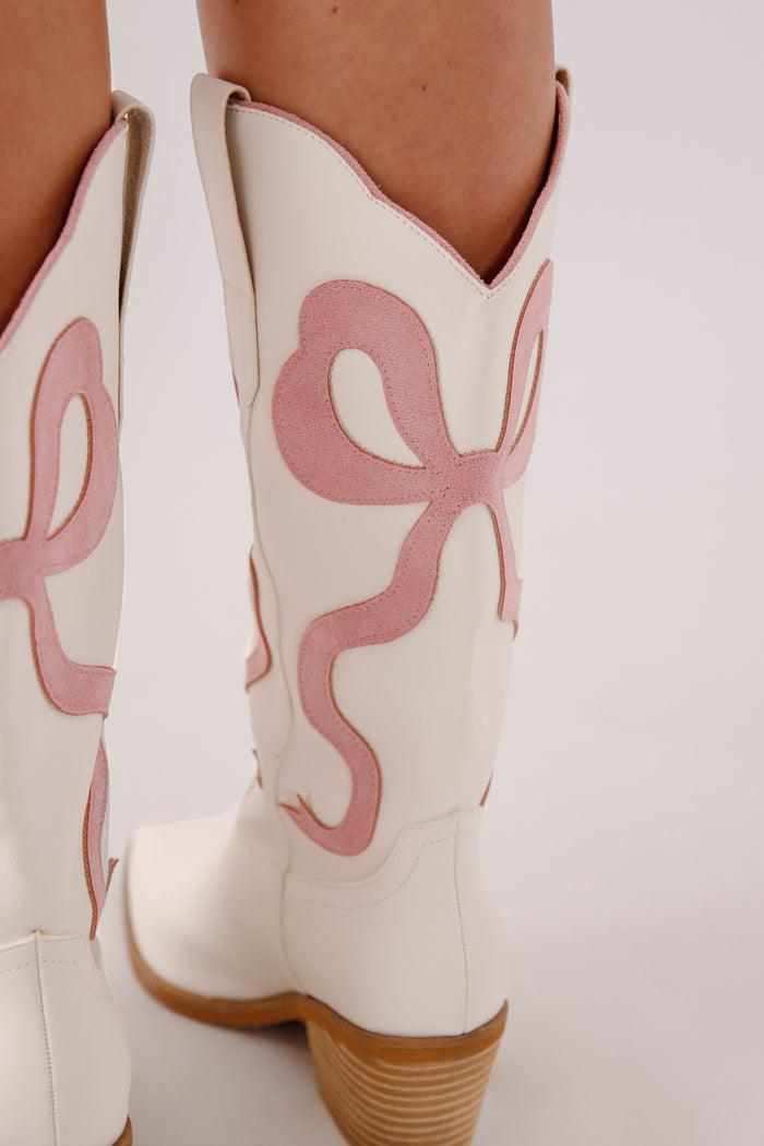 White Western Boots with Pink Bows- White Cowboy Boots with Pink Bow- Miim Bowie Boots