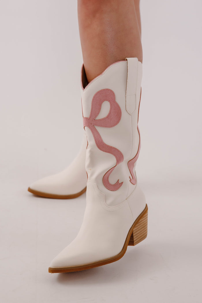 White Western Boots with Pink Bows- White Cowboy Boots with Pink Bow- Miim Bowie Boots