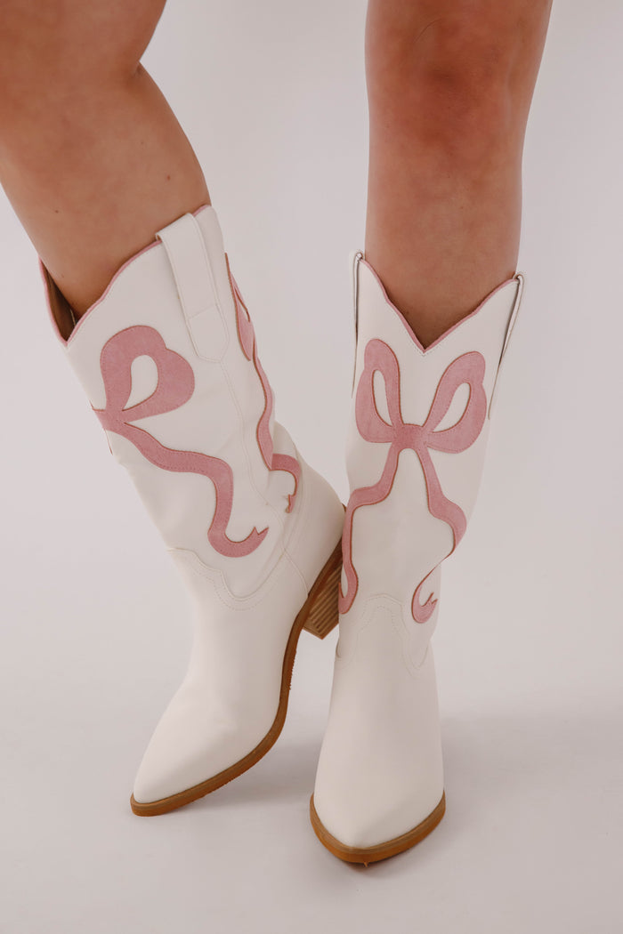White Western Boots with Pink Bows- White Cowboy Boots with Pink Bow- Miim Bowie Boots