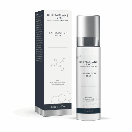 Satisfaction Mist | DermaplanePro skincare product bottle and packaging highlighting ingredients aloe, hyaluronic acid, and niacinamide for hydration and skin wellness.