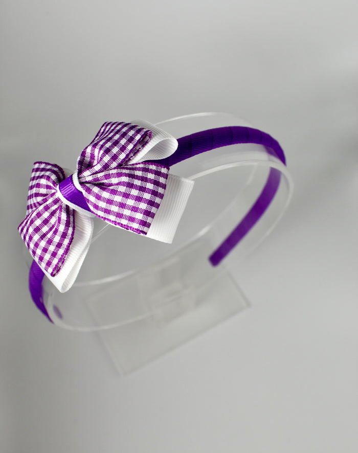 School Hair Accessory - Bow Alice Band - Purple and White Gingham