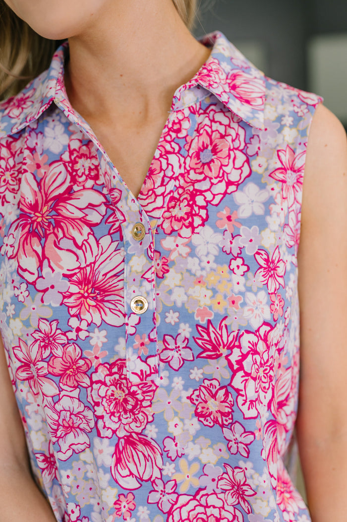 Sea Spray Collared Sleeveless Top in Falling Floral by Dear Scarlett