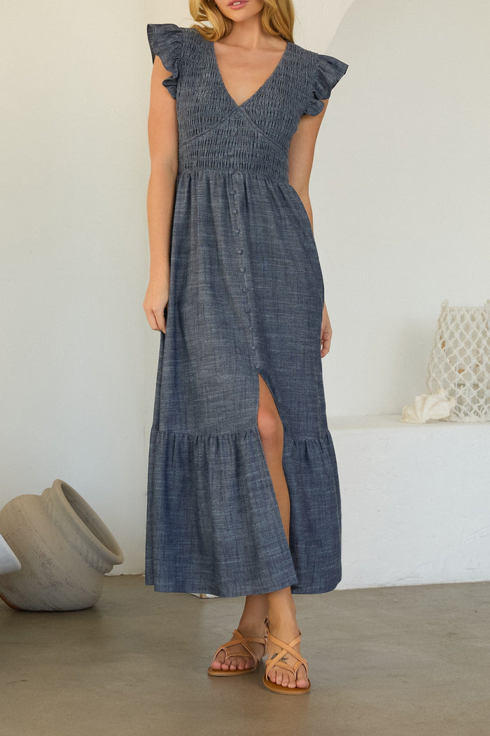 Sharon Smocked Flutter Sleeve Chambray Midi Dress