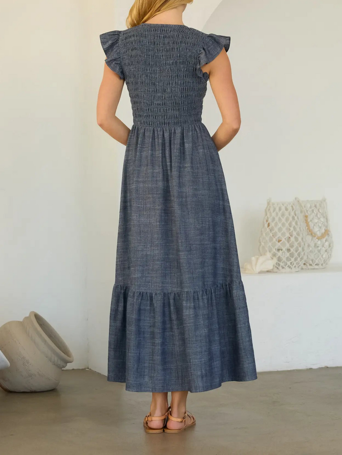 Sharon Smocked Flutter Sleeve Chambray Midi Dress