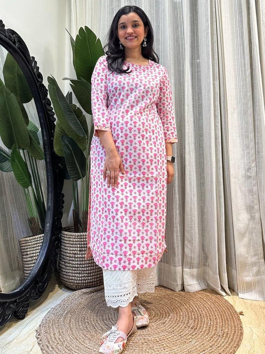 Signature Cotton Boota Kurta- Pink on White