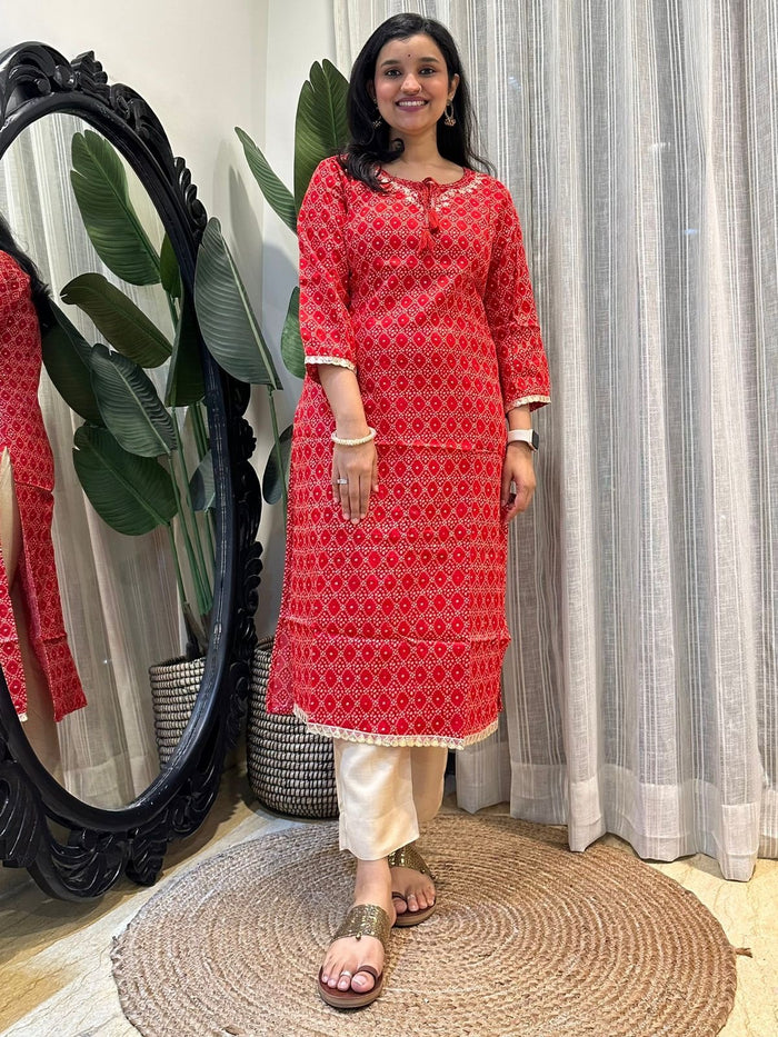 Simple Bandhej Kurta- Red