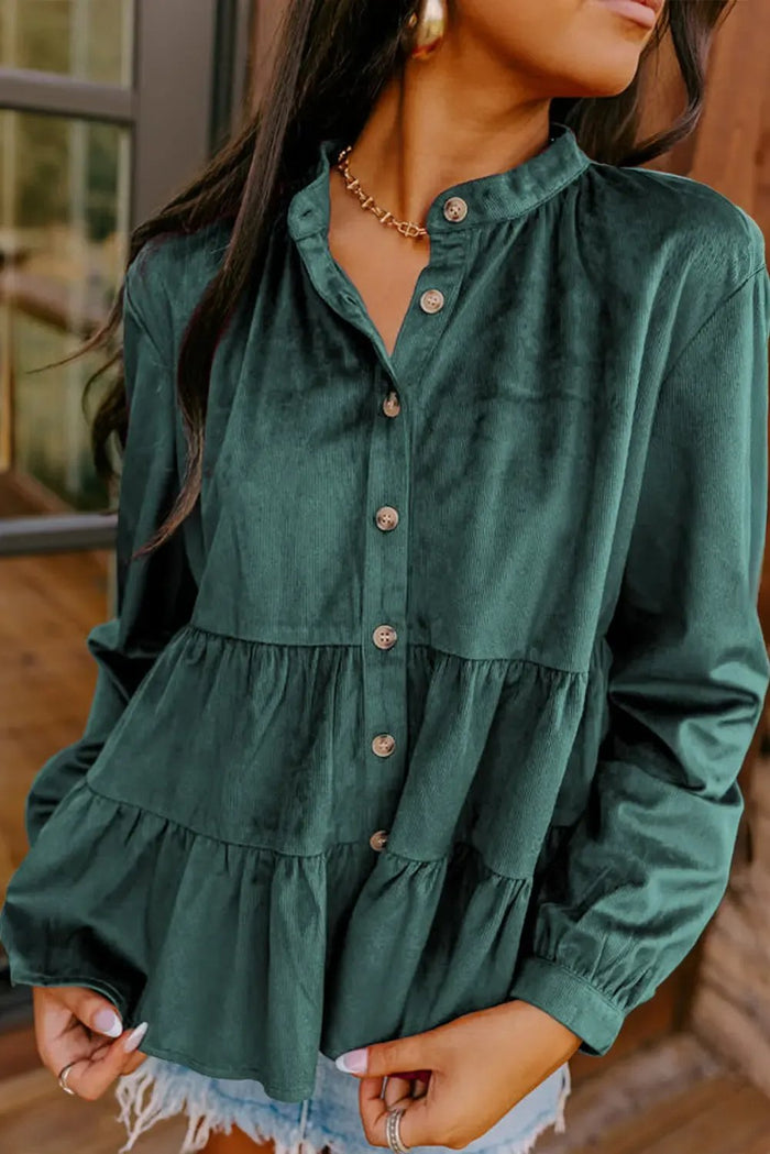 Shop Skobeloff Corduroy Ruffle Tiered Buttoned O Neck Shirt at eAura