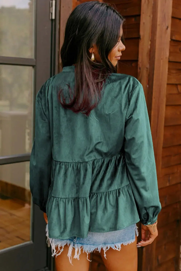 Shop Skobeloff Corduroy Ruffle Tiered Buttoned O Neck Shirt at eAura