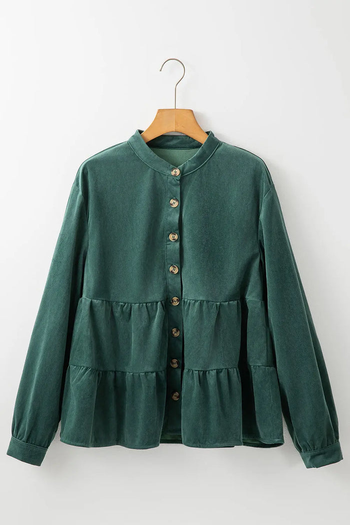 Shop Skobeloff Corduroy Ruffle Tiered Buttoned O Neck Shirt at eAura