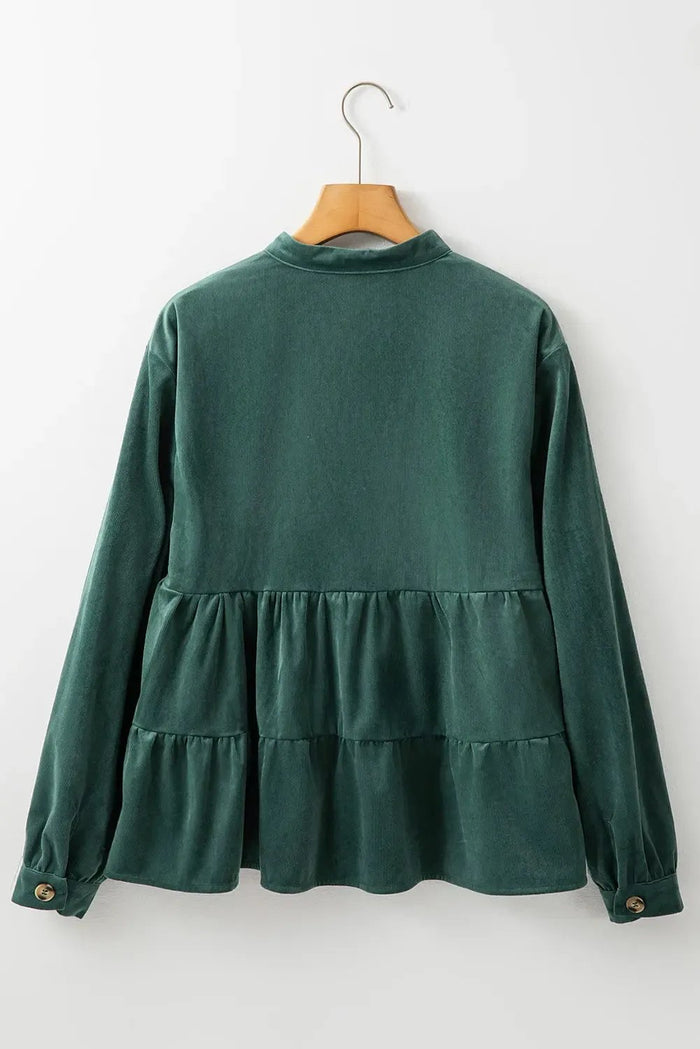 Shop Skobeloff Corduroy Ruffle Tiered Buttoned O Neck Shirt at eAura