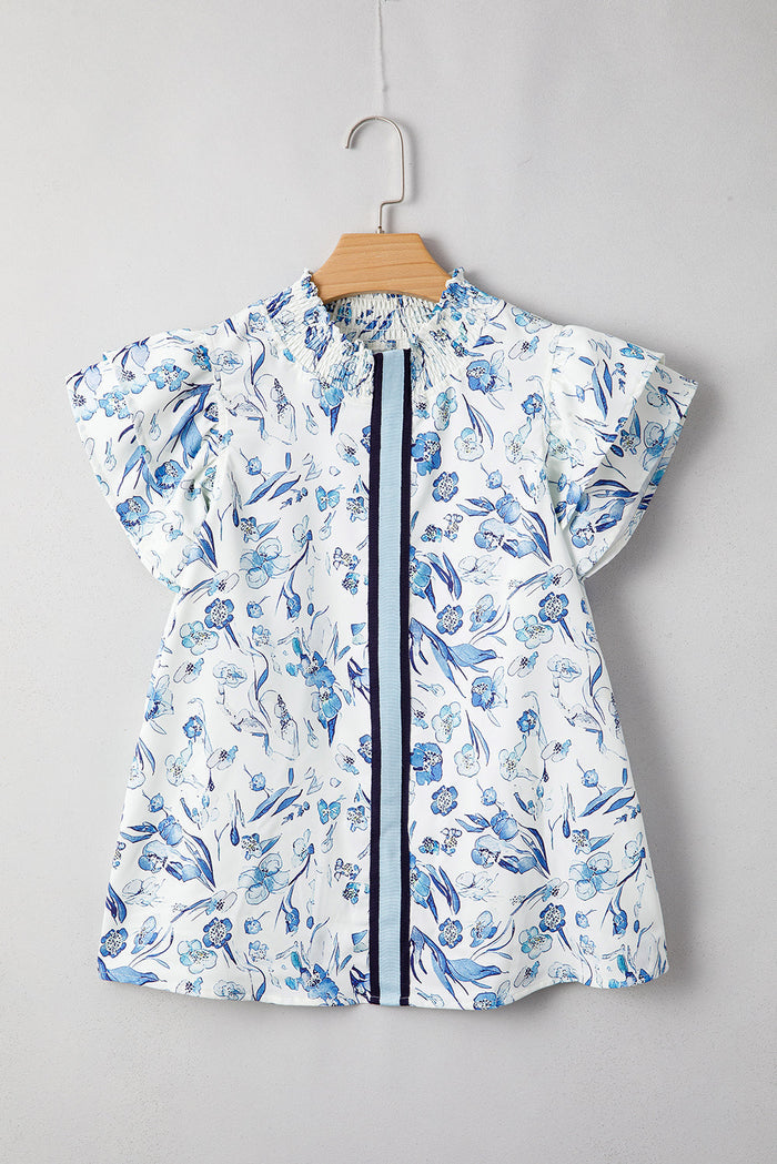 Sky Blue Floral Print Ruffled Short Sleeve Blouse - Tops/Blouses & Shirts