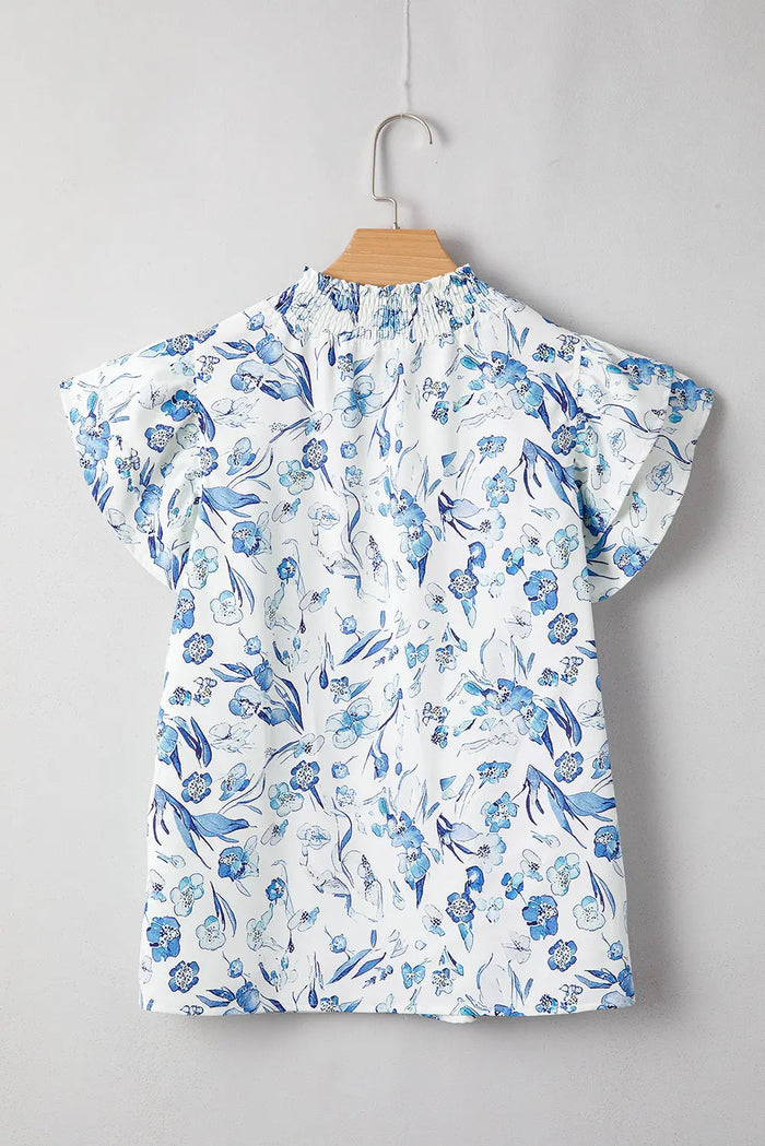 Sky Blue Floral Print Ruffled Short Sleeve Blouse - Tops/Blouses & Shirts