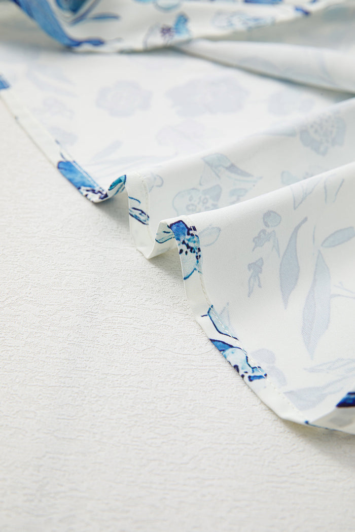 Sky Blue Floral Print Ruffled Short Sleeve Blouse - Tops/Blouses & Shirts