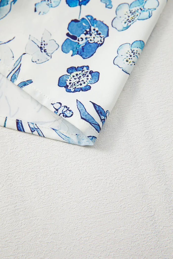 Sky Blue Floral Print Ruffled Short Sleeve Blouse - Tops/Blouses & Shirts
