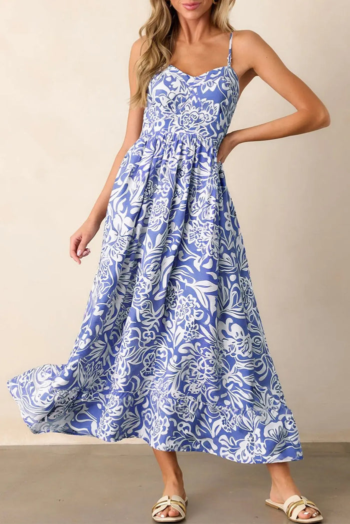 Sky Blue Floral Print Spaghetti Strap High Waist Maxi Dress - S / 100% Polyester - Dresses/Midi Dresses