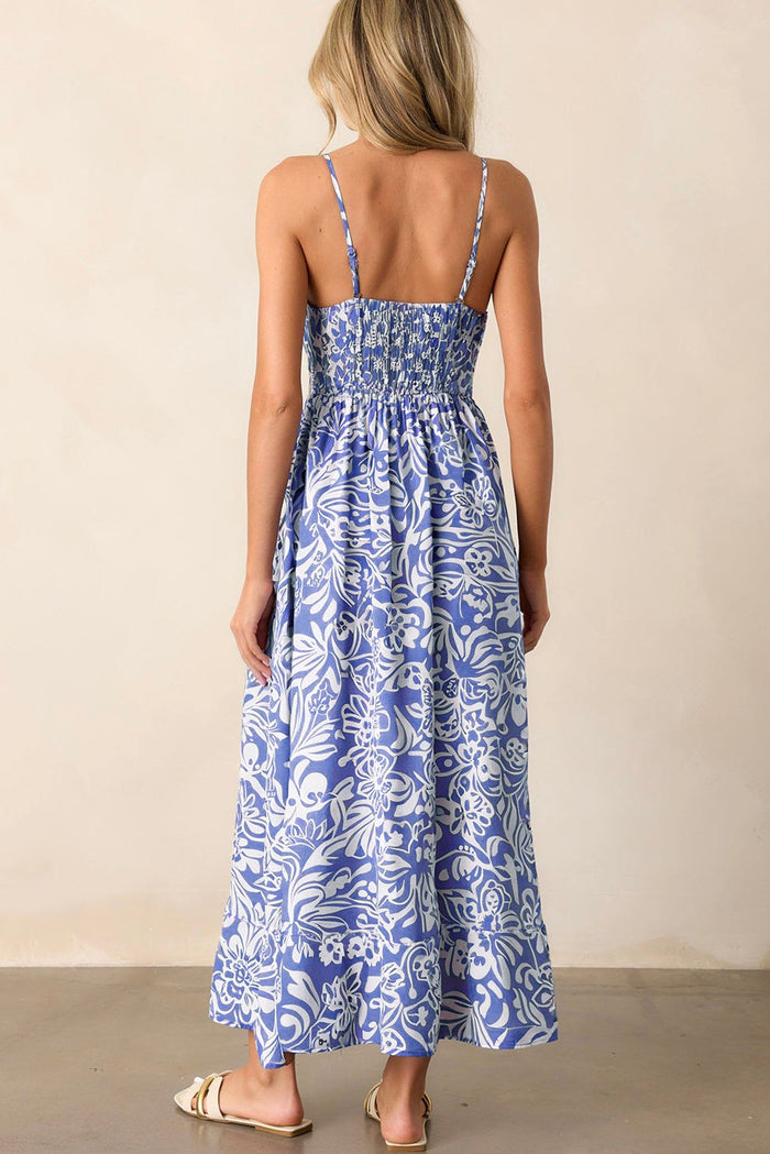 Sky Blue Floral Print Spaghetti Strap High Waist Maxi Dress - Dresses/Midi Dresses