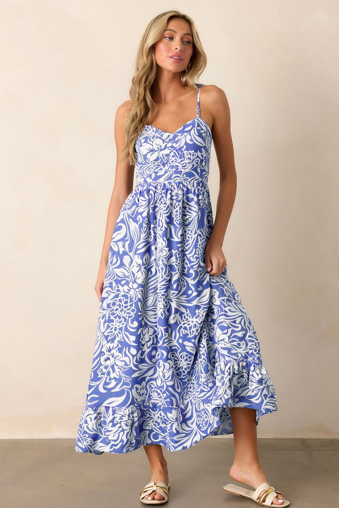 Sky Blue Floral Print Spaghetti Strap High Waist Maxi Dress - Dresses/Midi Dresses