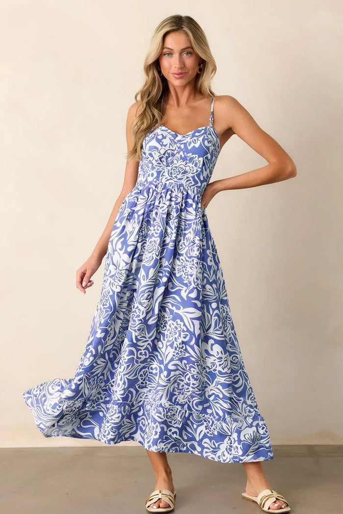 Sky Blue Floral Print Spaghetti Strap High Waist Maxi Dress - Dresses/Midi Dresses